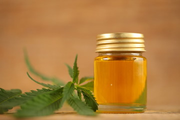 cbd oil bottle and hemp leaf