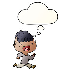 cartoon happy boy laughing and running away and thought bubble in smooth gradient style
