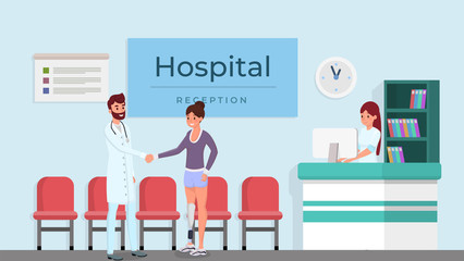 Modern clinic reception flat vector illustration. Smiling doctor, woman with prosthesis and receptionist characters. Hospital visit, happy physician and patient handshake at front desk