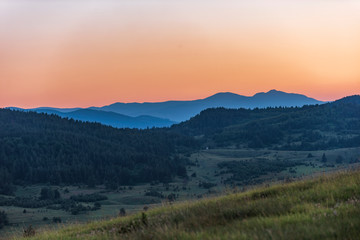 Fototapeta na wymiar Majestic summer warm sunset in the Rhodope mountain, Bulgaria.
