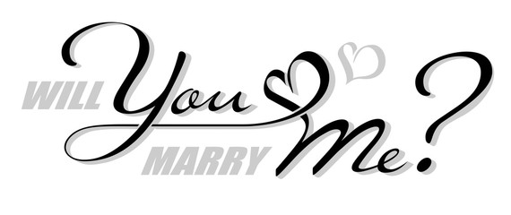 Handwritten isolated text Will You Marry Me with shadow. Hand drawn calligraphy lettering You and Me with heart shape