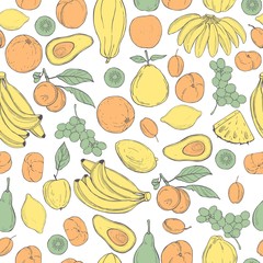 Hand drawn fruits on white background. Vector  seamless pattern.
