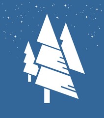 Abstract nature in minimalism, white Christmas trees and white snowflakes on blue background. Three white spruces and falling snow, simple outline design.