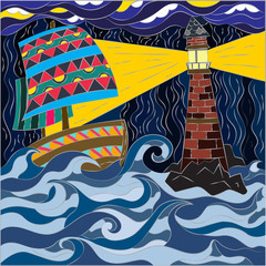 Abstract pattern in mosaic style. Vector graphics for wallpapers and covers. Raging ocean, sailing ship and bright big lighthouse.
