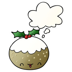 cute cartoon christmas pudding and thought bubble in smooth gradient style