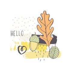  Vector background with hand drawn autumn leaves and berries.  Sketch illustration
