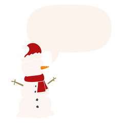 cartoon snowman and speech bubble in retro style