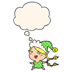 cartoon happy christmas elf and thought bubble in comic book style