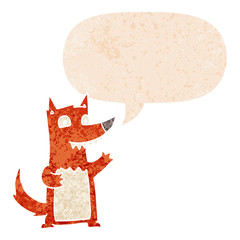 cartoon wolf and speech bubble in retro textured style