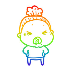 rainbow gradient line drawing cartoon angry old woman