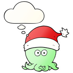 cartoon octopus wearing christmas hat and thought bubble in smooth gradient style