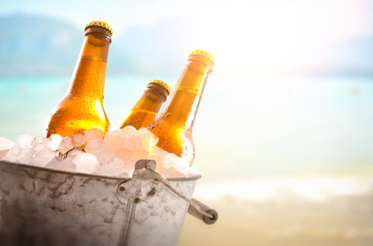 Three beer bottles in bucket full of ice cubes beach