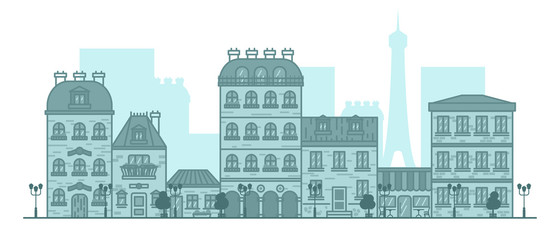 Flat linear panorama of the city landscape with buildings and houses. tourism, travel to Paris Vector illustration