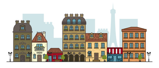 Flat linear panorama of the city landscape with buildings and houses. tourism, travel to Paris Vector illustration