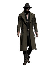 Detective in Trench Coat walks along 3d-Illustration