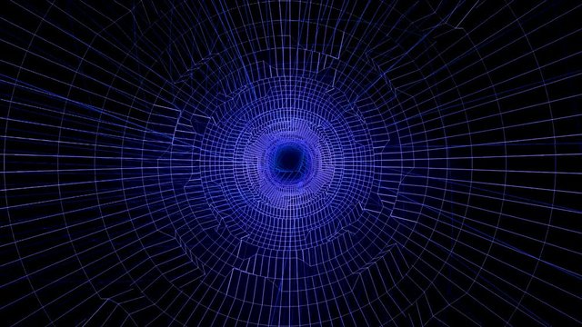 Flight through blue glowing wireframe tunnel, seamless loop. Animation. Journey through the futuristic shining rotating wireframe tunnel on black background.