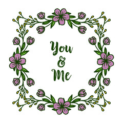 Vector illustration purple flower frames isolated on white backdrop with letter you and me