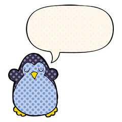 cartoon penguin and speech bubble in comic book style