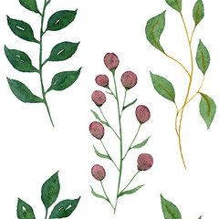 Seamless watercolor illustration. Green branches of plants and leaves.