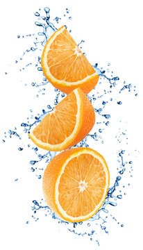 recommend clip art: Cutted oranges in water splashes isolated on white background.