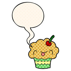 funny cartoon cupcake and speech bubble in comic book style