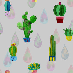 Watercolor pattern of cacti and succulents flowers.