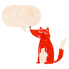 cartoon wolf and speech bubble in retro textured style