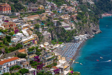 Positano Panoramic View. Beautiful cliff view of Positano at daytime, with its colorful buildings....