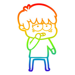 rainbow gradient line drawing cartoon exhausted boy