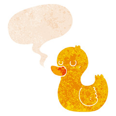 cartoon duck and speech bubble in retro textured style