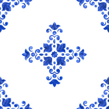 Watercolor delft blue seamless pattern