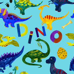Seamless watercolor illustration of dinosaurs