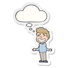 cartoon boy shrugging and thought bubble as a printed sticker