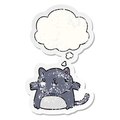 cartoon cat and thought bubble as a distressed worn sticker