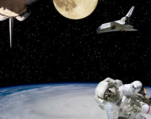 Astronaut, spaceships and moon. Earth on the backdrop. The elements of this image furnished by NASA.