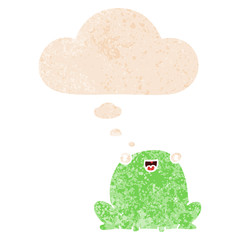 cartoon frog and thought bubble in retro textured style
