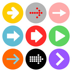 Vector illustration set of nine different type of arrows in rounded colorful buttons for the web isolated on white background