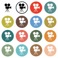 Vector set collection of 16 cinema camera rounded and colored buttons and icons isolated on white background