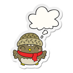 cute cartoon owl in hat and thought bubble as a printed sticker