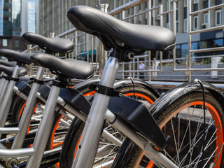 Many bicycles are available for rent. Bicycles are exhibited in a row for walks around the city