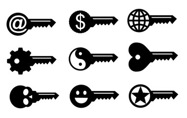 Vector collection of 9 conceptual key related icons isolated on white background