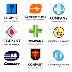 Vector collection of 9 different premade medical and medicine related logos - flat, elegant and simple style for your medical related brand