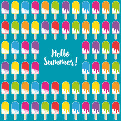 Hello Summer poster. Seamless pattern of colorful popsicles vector illustration.