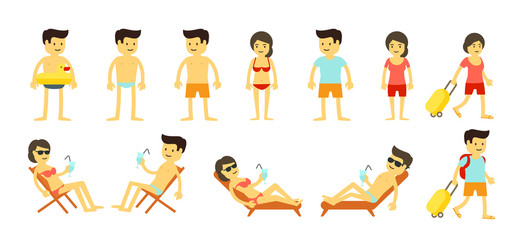 Cartoon beach holidays people big set. Womans and mans tourists vacations at sea resort. Summer travel. Chaise lounge. Cartoon style.