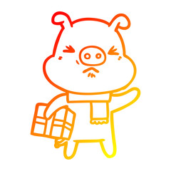 warm gradient line drawing cartoon angry pig with christmas present
