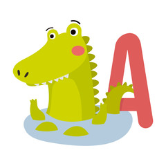 Cute Animal Vector illustration.Fun zoo. Illustration of cute alligator, crocodile. Letter A for the Alligator. Cute Animal Vector illustration alligator