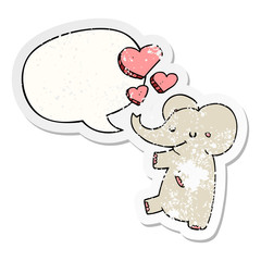 cartoon elephant and love hearts and speech bubble distressed sticker