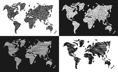 Hand drawn vector set of 4 hand drawn doodle sketch style map of the world 