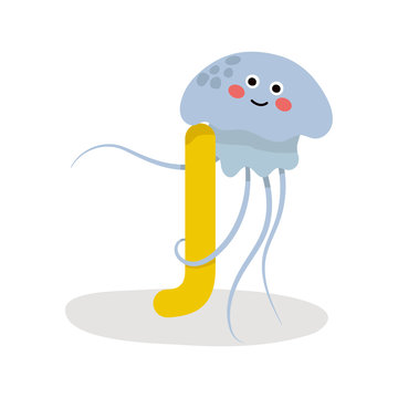 Vector cute kids animal alphabet. Letter J for the jellyfish. Cute Animal Vector illustration jellyfish.