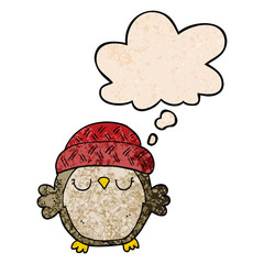 cute cartoon owl in hat and thought bubble in grunge texture pattern style